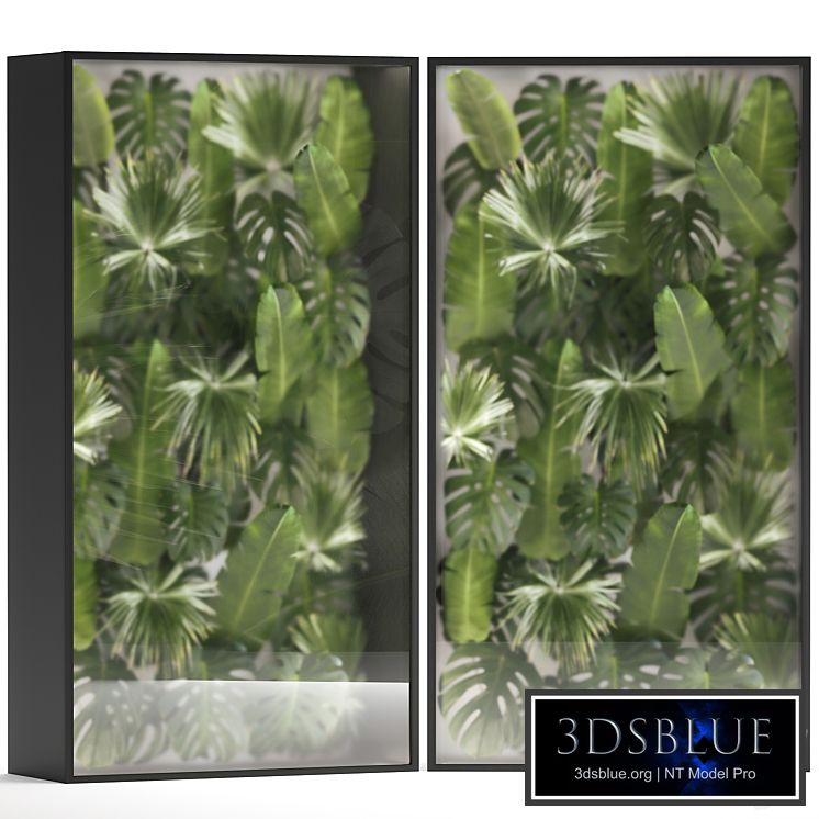 Phytowall and phytobox made of banana palm branches and fan palm leaves in a niche behind a translucent stack. 70.