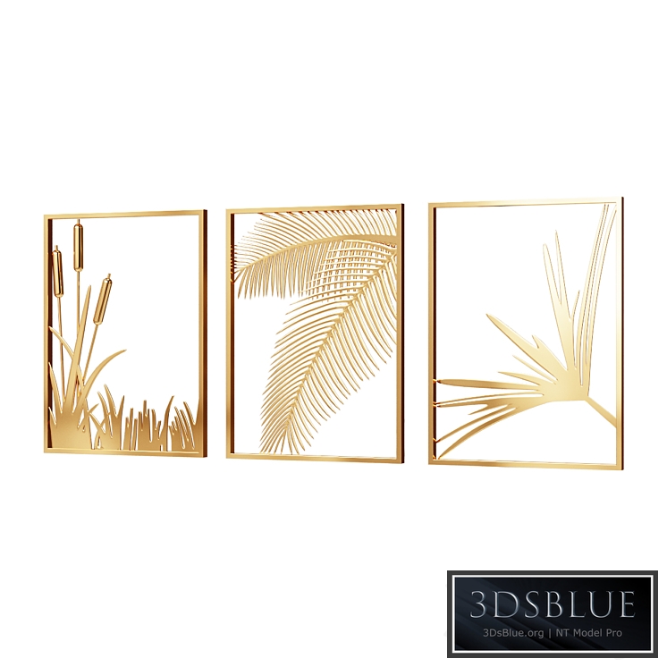 Wall Picture 3 Pieces Modern Gold Metal Wall Decor Plant Art with Rectangle Frame Wall Decor