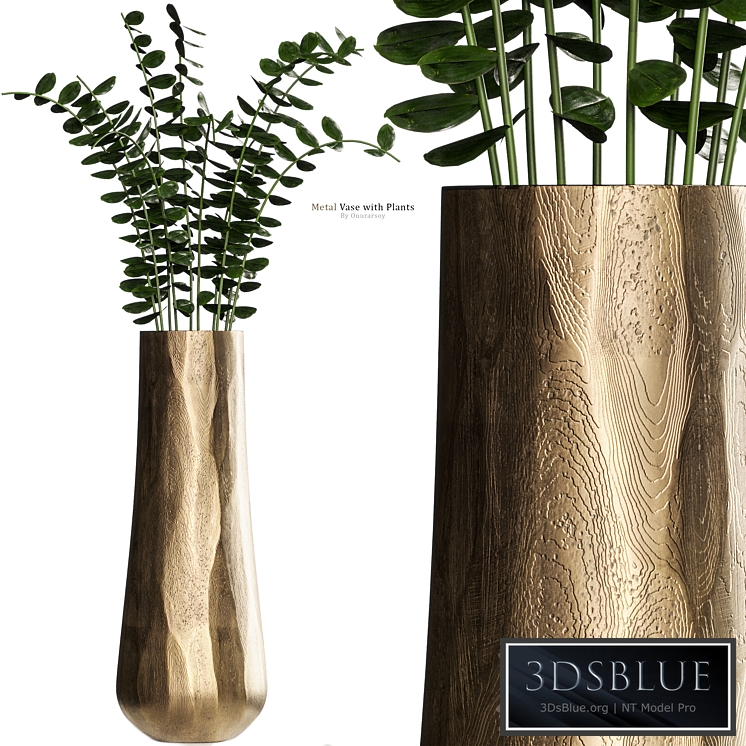 Metal Antiqued Brass Vase with Plant