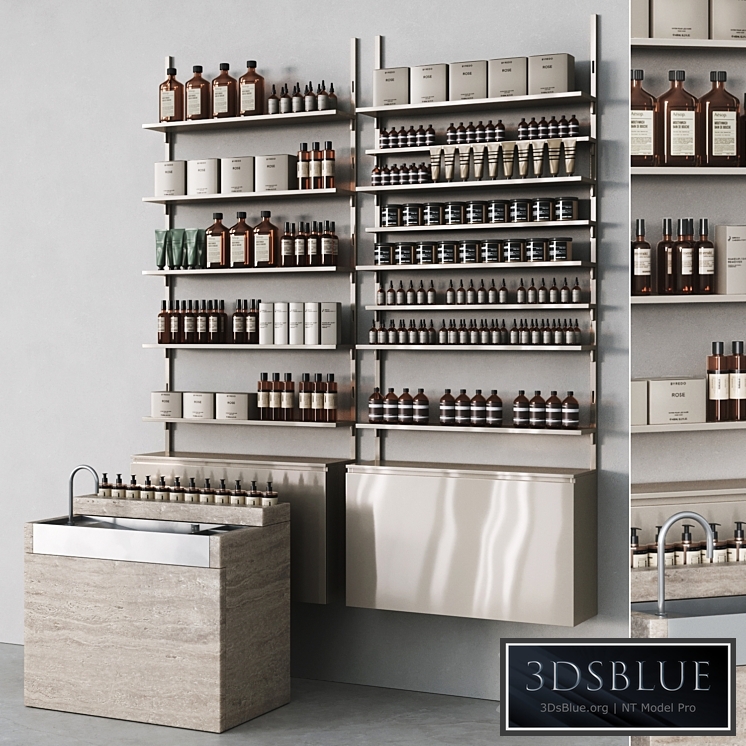 Cosmetic set with metal shelving and washbasin