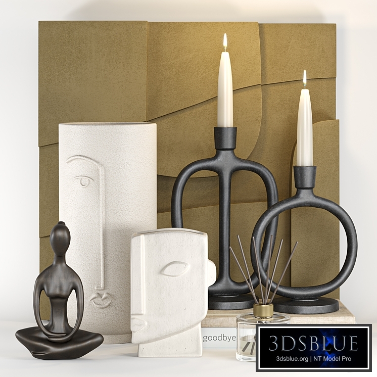 Decorative set with a statuette, vases and candle holders