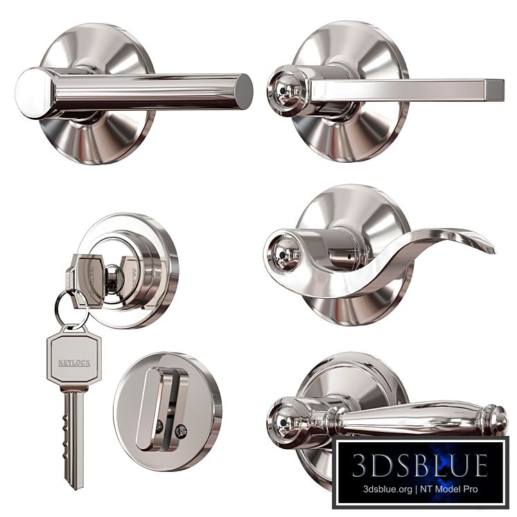 Chrome plated metal door handles. lock and key