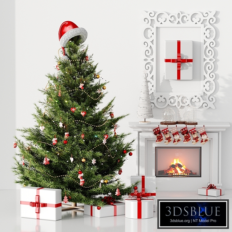 Christmas tree with hat and fireplace