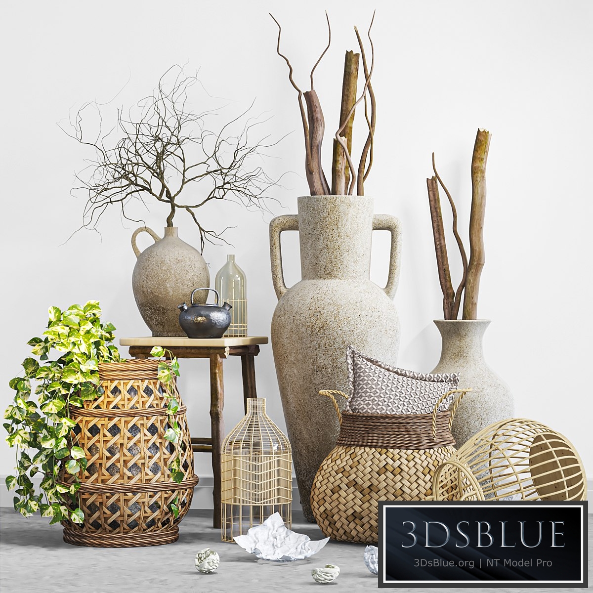 boho set with woven bamboo baskets