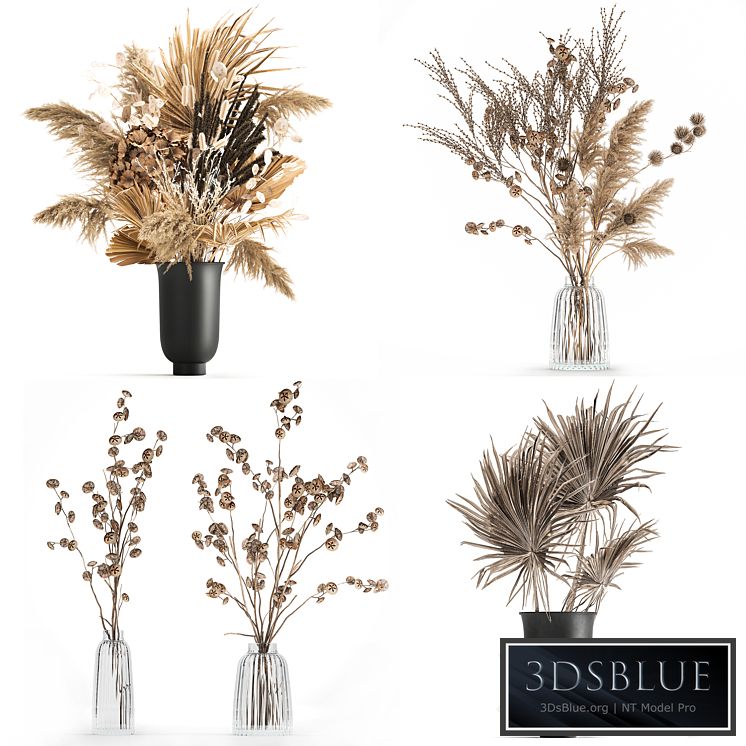 Beautiful flower bouquets in vases of dried flowers, dry branches, palm branch, pampas grass, reed grass, hydrangea, thorns, Bouquet set 283