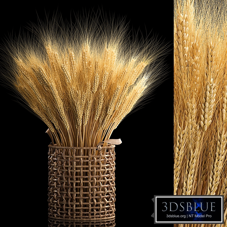 Beautiful decorative bouquet of dried flowers from ears of wheat in a flower wicker basket, Bouquet 284