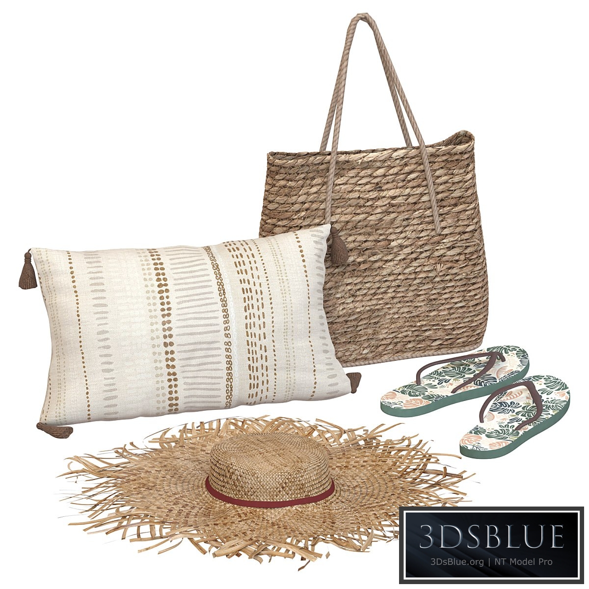 Boho style beach accessory set with hat and slippers