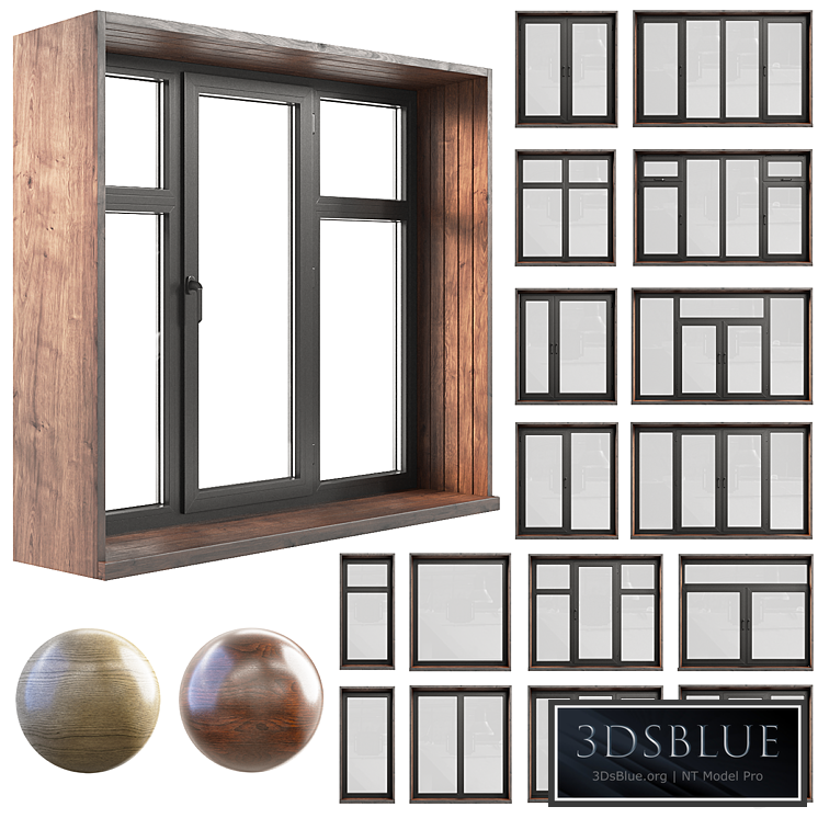 A set of plastic windows with wooden trim.
