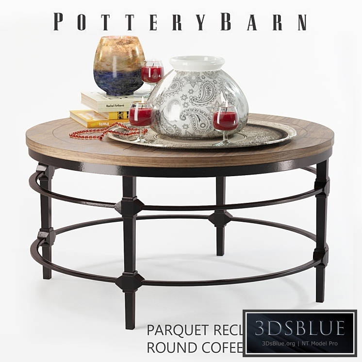 Parquet reclaimed wood round coffee table with decor