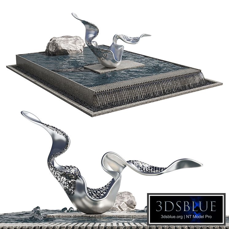 Pond with rock & sculpture