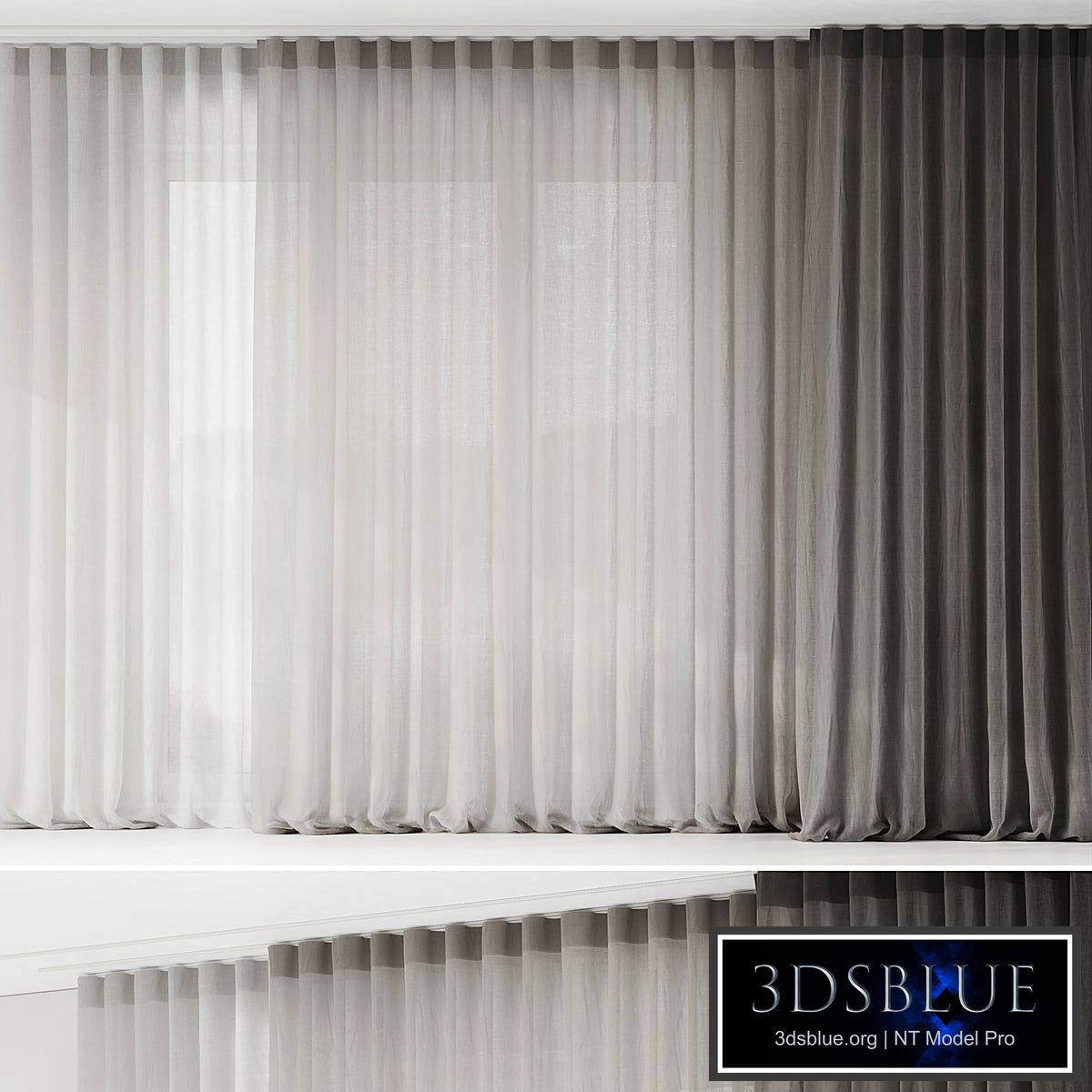 Curtains with folds on the floor of fine linen on the ceiling cornice