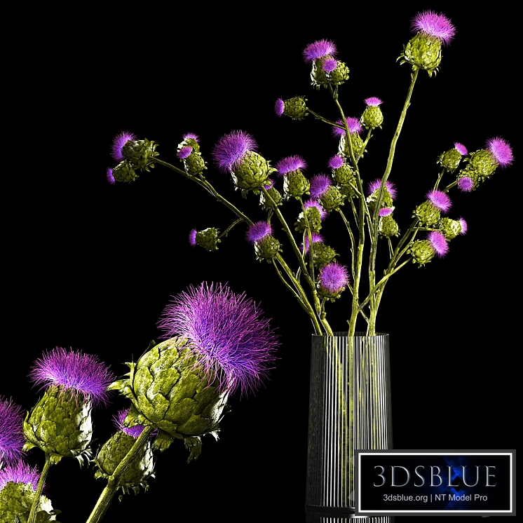 A beautiful green lush bouquet of stabilized dried flowers in a modern glass vase with branches of thorns thistle. Set 292.
