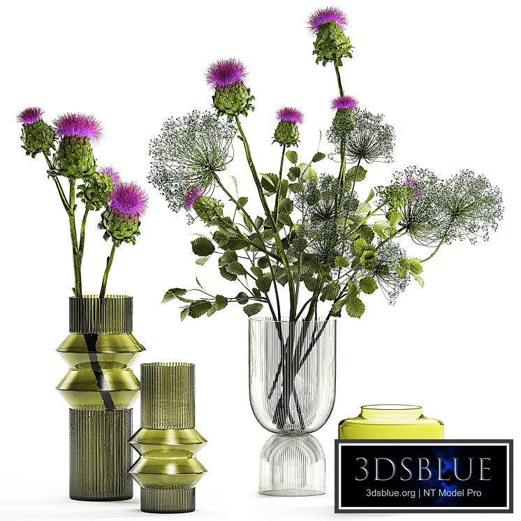 The collection is a decorative set of bouquets in modern glass green vases with thorn branches, thistle, hogweed, leaves. Set 290.
