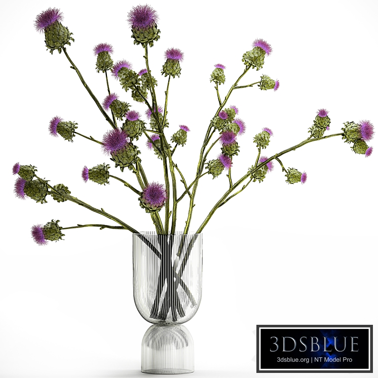 A beautiful green lush bouquet of stabilized dried flowers in a modern glass vase with branches of thorns thistle. Set 295.