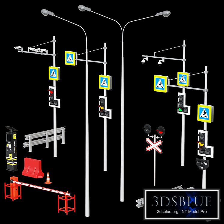 Road elements. Fences, traffic lights, cameras, parking meters.