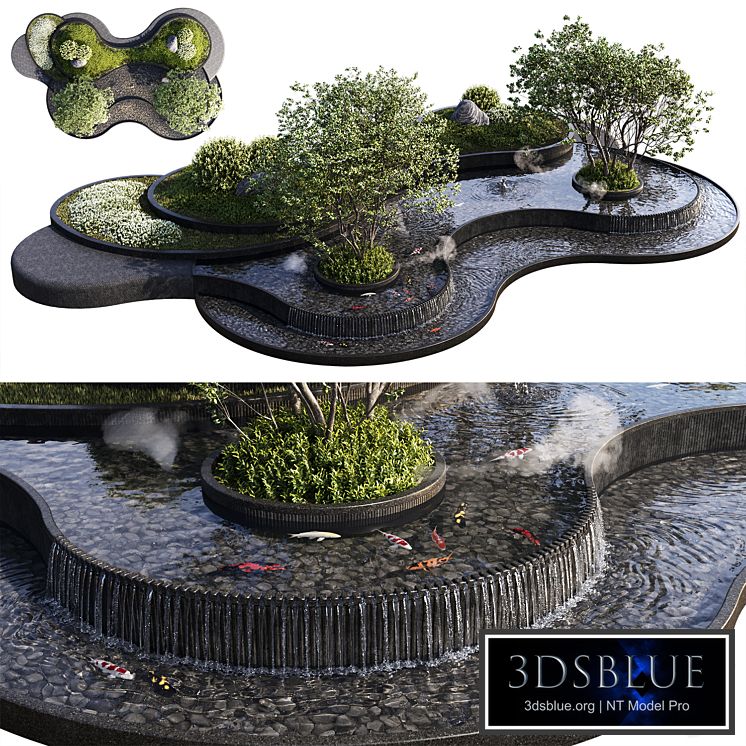 Landscaping Figure with Plants Waterfalls and Fish