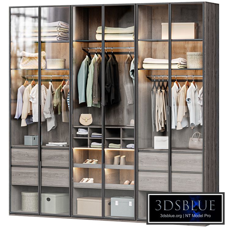 Wardrobe with glass doors 02, filled with clothes