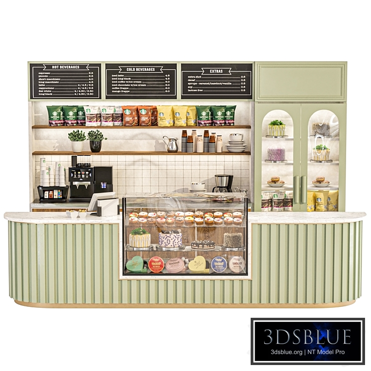 Cafe with display case with desserts and coffee machine