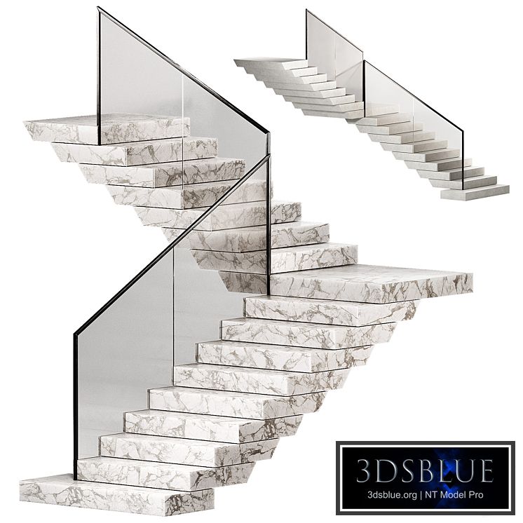 Stairs 3. Stone steps. Metal glass railings. 2 color options - marble and concrete.
