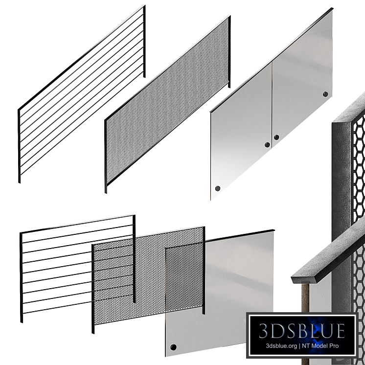 Modern metal railings. 3 design options. Editable splines option. Procedural metal.