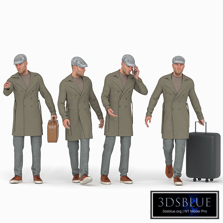 Travel Man in Trip With Coat in 04 Poses