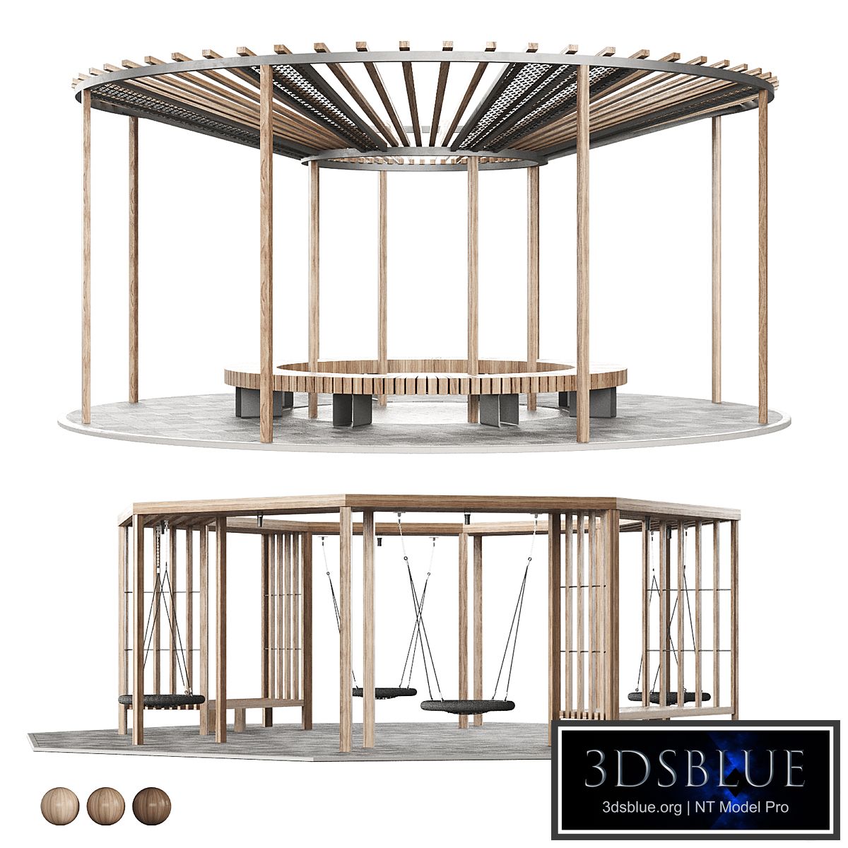 Set of pergolas (gazebos, canopies) with swings, benches