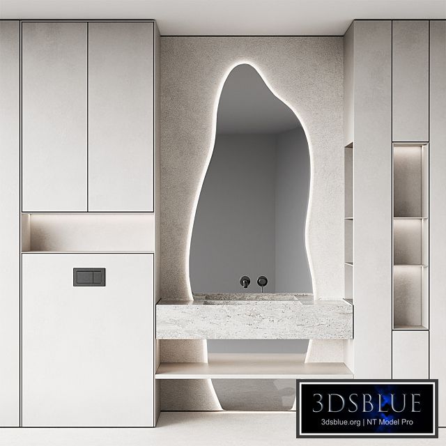 Bathroom furniture set 8. Monochrome grey. Curved mirror shape. Stone sink. Wall-mounted faucet.