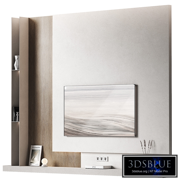 TV Wall set 4. Glowing screen. Decorative poster and wood. Rough and clean material options.