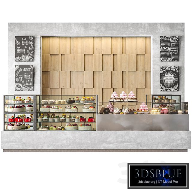 Modern coffee shop with display case with desserts and sweets