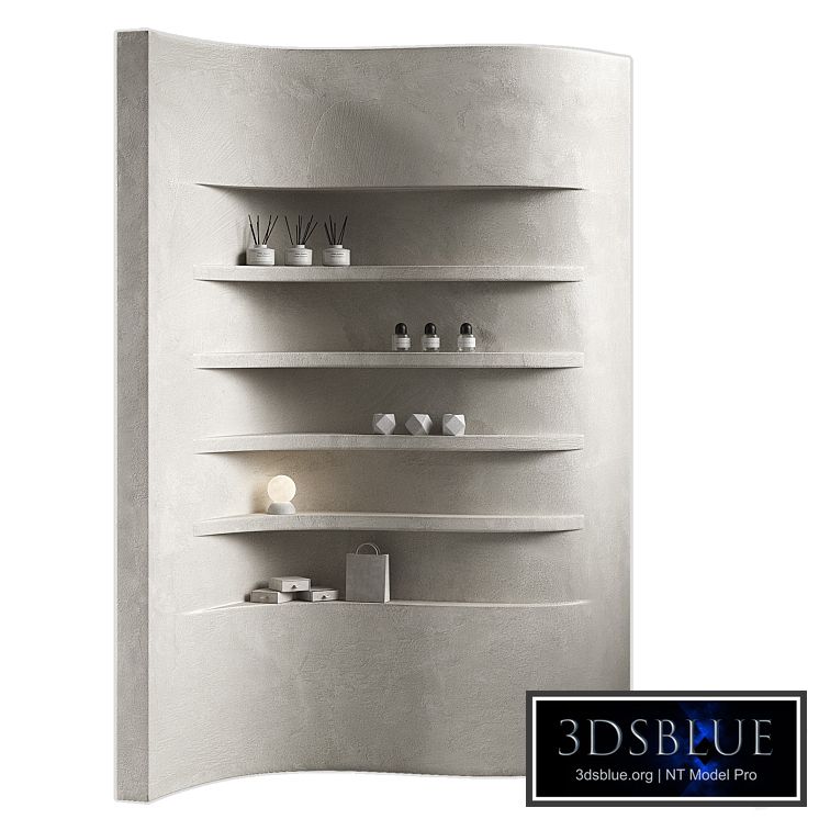 Wavy shelves 3. Rack shelving with decor. Corner wall partitions with niche.