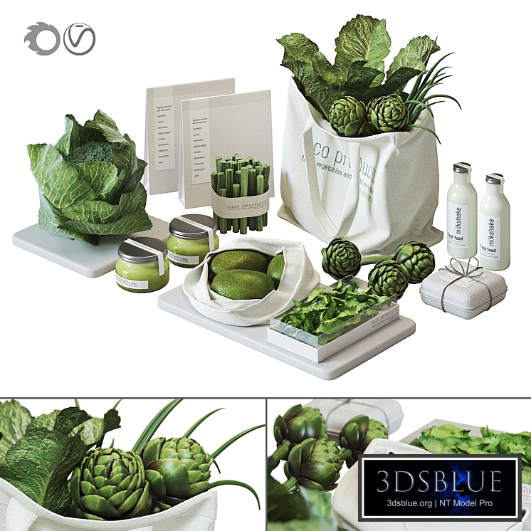Set of vegetables for the kitchen: cabbage, artichoke, avocado
