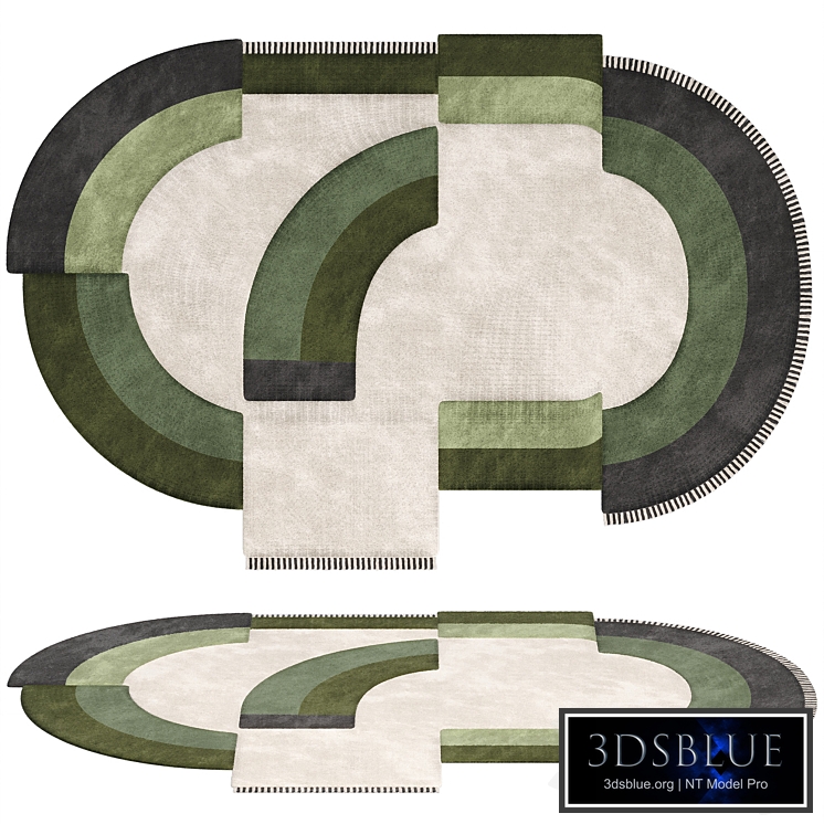 Carpet Contemporary Oval Rug with Geometric Pattern in Green Hues and Beige in Wool