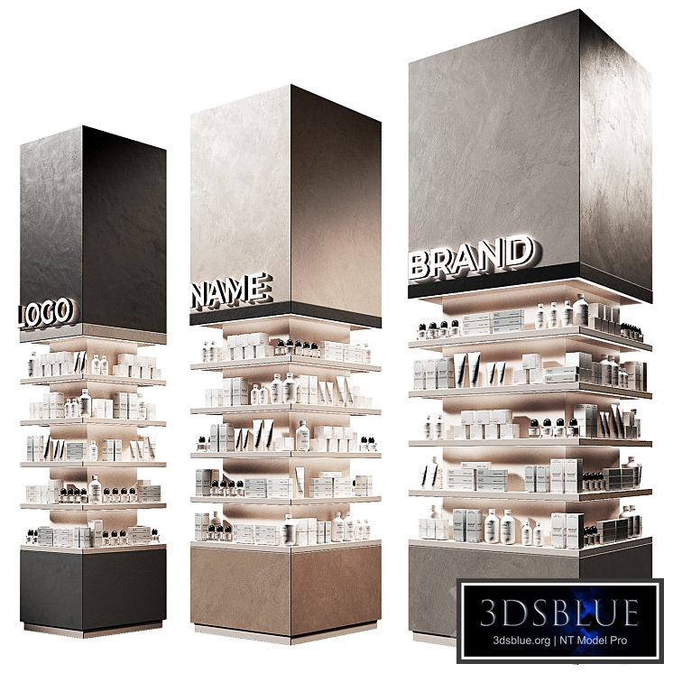 Columns of racks with trade products. Square showcase with cosmetics. Island of Pharmaceutical Products.
