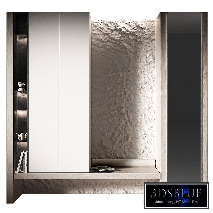 Furniture for hallway 4. Wall with textured relief stone. Illuminated cabinets.