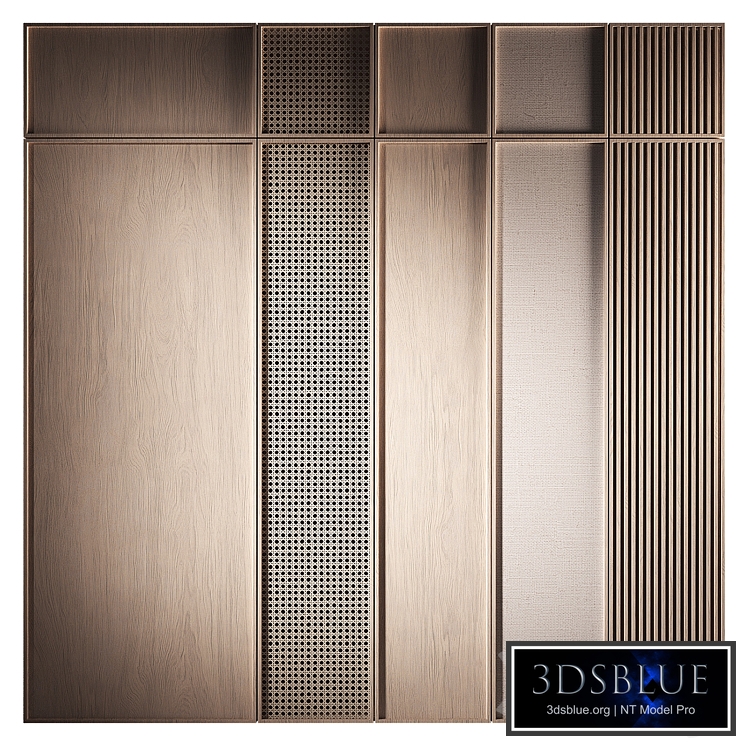 Set of cabinet fronts. Furniture for the wardrobe. Wooden facades with rattan slats, milled or fabric.