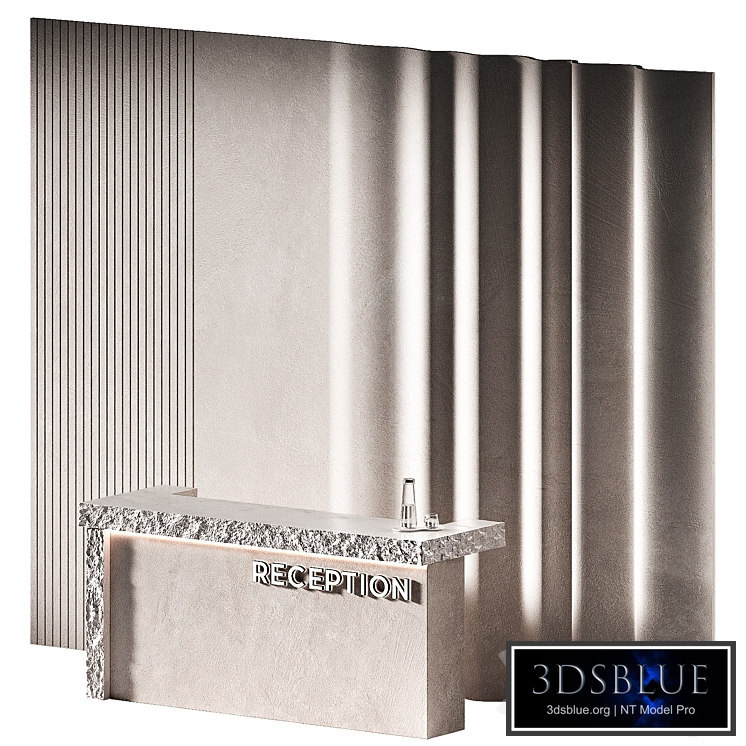 Reception desk. Rough rock edge rectangular stone slab. Wavy wall panels.