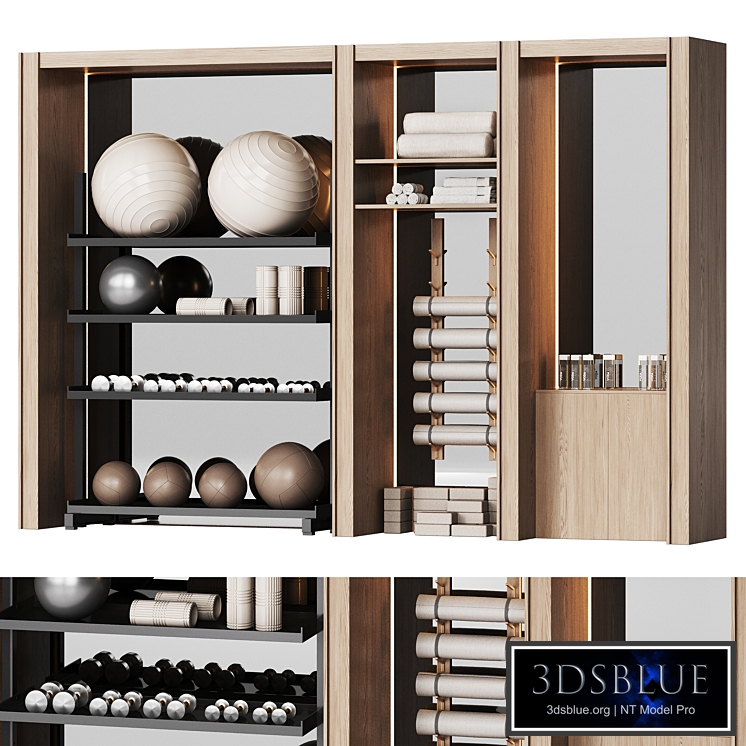 A wall with a rack for gym equipment