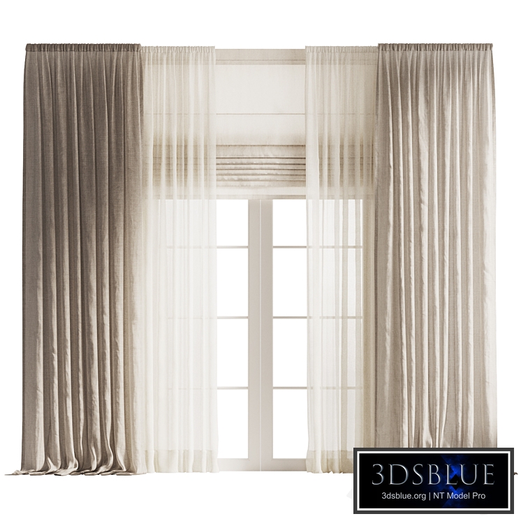 Draped Linen Curtains with Tulle and Roman Shade