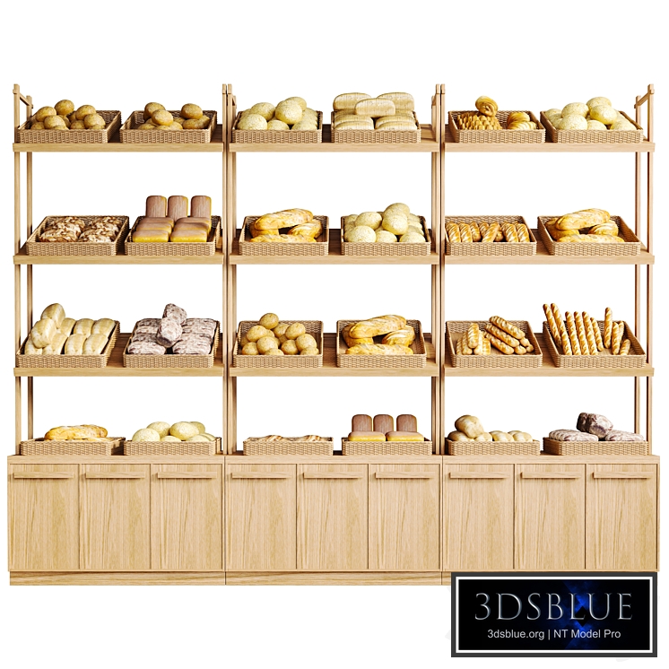 Showcase in a supermarket or cafe with pastries, bread and croissants