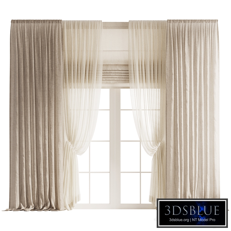 Draped Linen Curtains with Gathered Tulle and Roman Shade