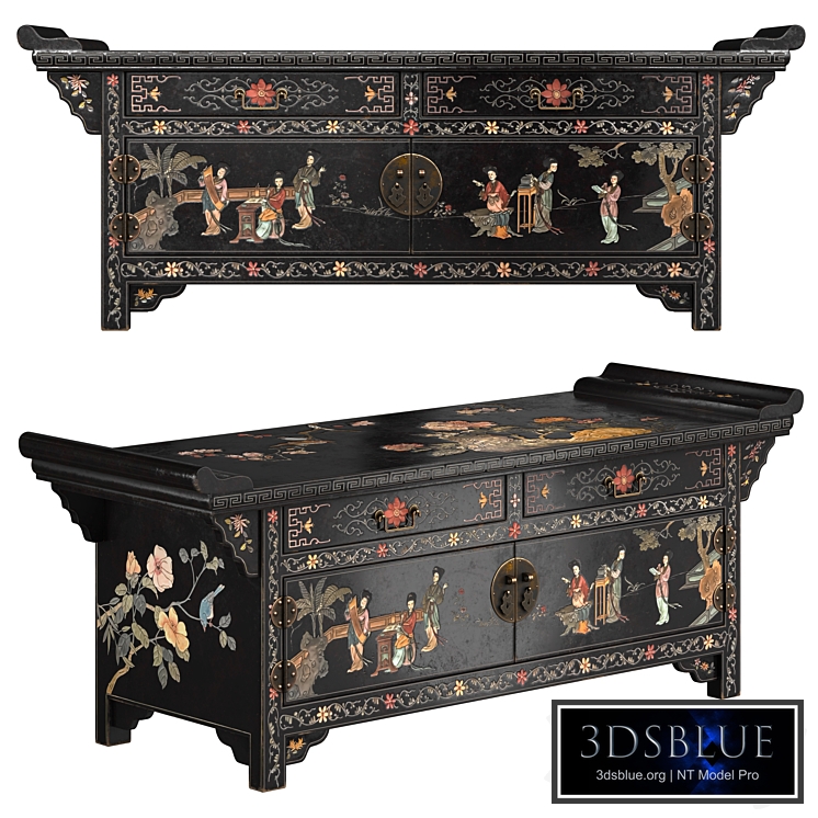 Low Chinese chest of drawers, covered with black Coromandel lacquer, 20th century. (Chinoiserie)