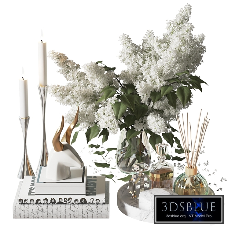 Decor with a bouquet of lilacs in a glass vase
