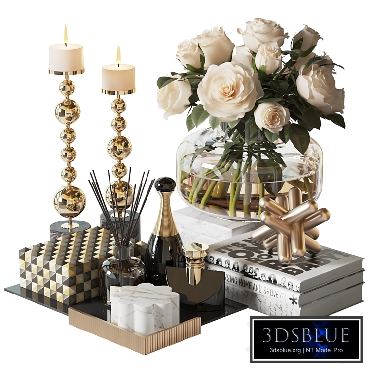 Decorative set with a bouquet of white roses in a glass vase