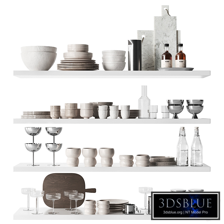Tableware and kitchen utensils for shelves and cabinets