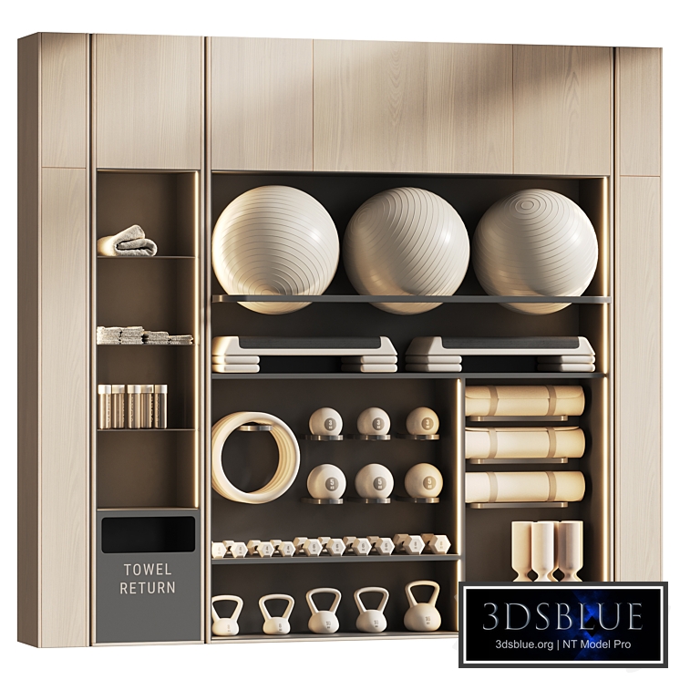 Shelf with sports equipment for yoga and group classes 002