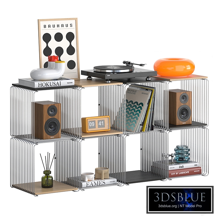 A shelving with decor in the style of mid century 2. Modular wire cube system.