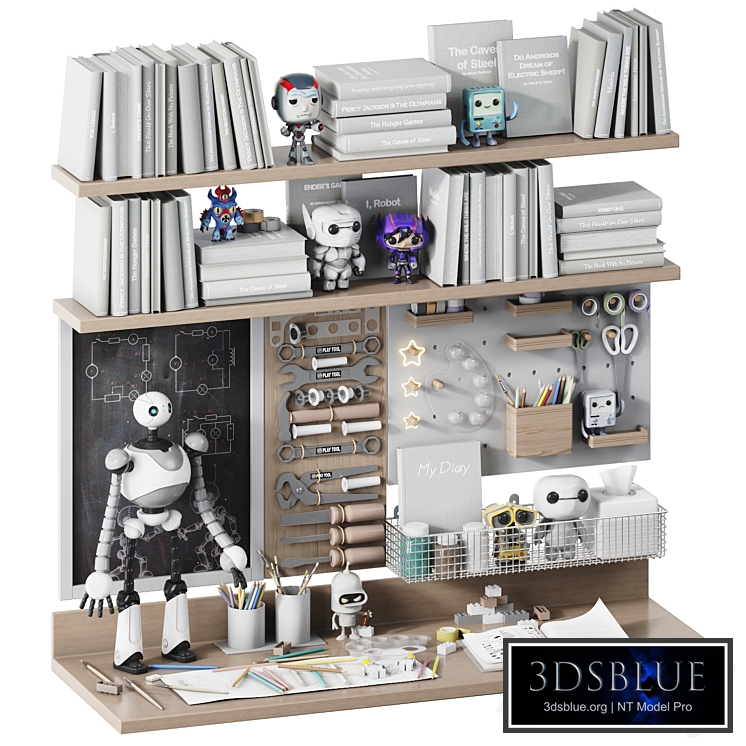 Toys, wall and desk decor in the desk for Robot lovers