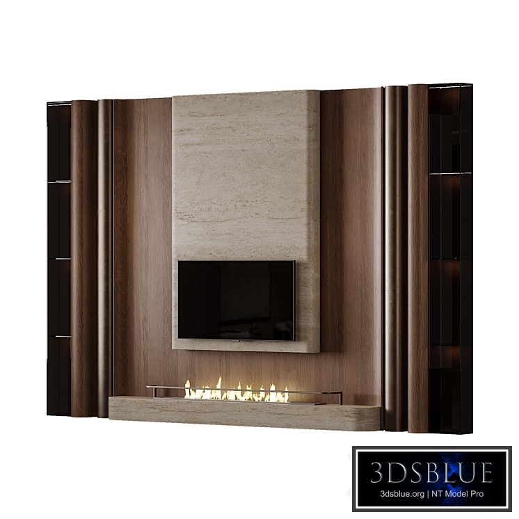 TV wall with bio-fireplace and display cases