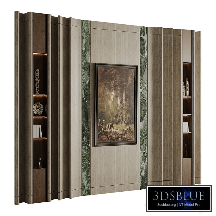 Modern Fluted Wall Panel with Marble & Shelves