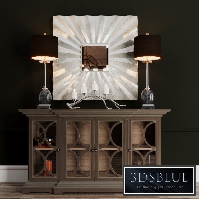 Chest of drawers, mirror and lamp